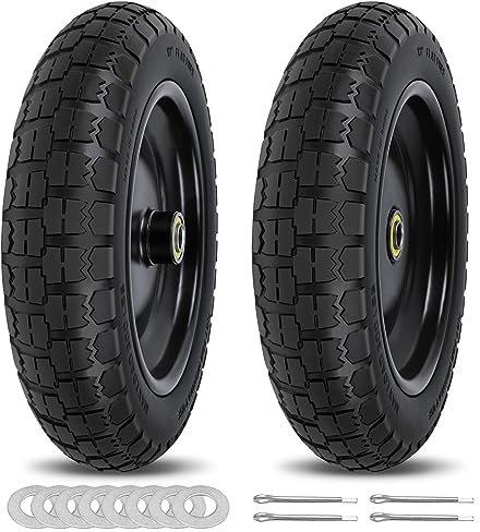 13 Inch Flat Free Wheels Gorilla Cart Tires 4.00-6 Solid Replacement with Universal 5/8 Axle Bore Hole, Spacers and Pins, for Wheelbarrow, Garden Wagon, Hand Truck, Trolley, Lawn Mower，2 Pack