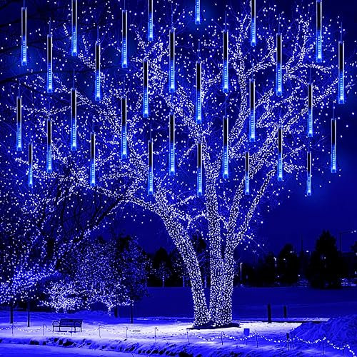 Kwaiffeo Christmas Lights Outdoor Decorations, 10 Tube 240LED Meteor Shower Lights,Waterproof & Expandable Snowfall Icicle Cascading String Lights for Xmas Festival Party Holiday Wedding Decor,Blue