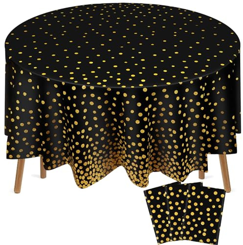 Newwiee 3 Stück runde Punkt-Tischdecken aus Kunststoff, 213 cm, Punkte, Konfetti-Tischdecken für Hochzeit, Brautparty, Erntedankfest, Weihnachten, Neujahr, Geburtstag, Party-Dekoration (Schwarze und