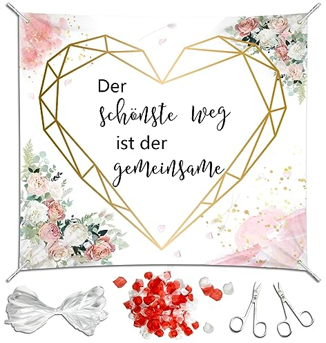 BARVERE Hochzeitsherz zum Ausschneiden, 200x180cm Herz Bettlaken Hochzeit mit 2 Scheren und 200 Rosenblatt, Standesamt Überraschung, Geschenk zur Hochzeit, Hochzeitsspiel für Das Brautpaar-A