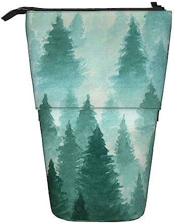 SJOAOAA Federmäppchen, niedliches stehendes Federmäppchen, einziehbarer Stiftehalter, Husky Dogs Schreibwaren-Organizer-Tasche, Grünes Ölgemälde Wald, Einheitsgröße, Stehendes Federmäppchen