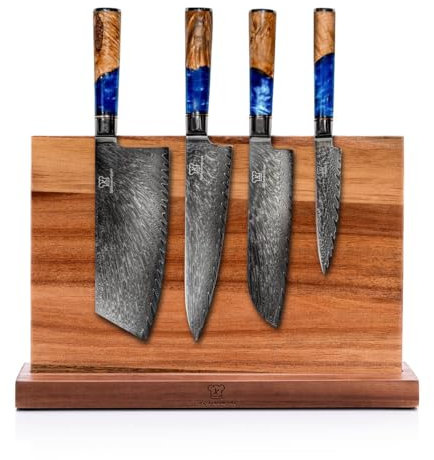 Küchenkompane – Edelstahl Messerset Damast mit magnetischem Messerblock | 5-teiliges Küchenmesser Set | Kochmesser mit ergonomischen Epoxid-Griff | rostfrei & scharf | Designed in Germany