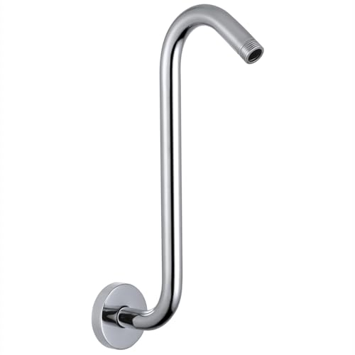 12'' Shower Head Extension Arm with Flange, Voolan S Shaped Shower Head Riser Pipe, Stainless Steel Long Goose Neck Curve Standard 1/2 Connection, Chrome