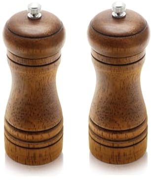 Salt and Pepper Mills Set, 2 Pack Wooden Pepper Mill Grinder Refillable Manual Spice Salt Pepper Grinding Bottle with Adjustable Ceramic Rotor for Kitchen Chili, Cloves, Herbs (14cm/5inch)