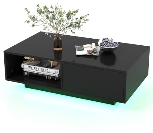 COSTWAY Couchtisch mit LED Beleuchtung, Wohnzimmertisch Hochglanz mit 20 Lichtfarben, Beistelltisch mit Schublade & Stauraum, Kaffeetisch Sofatisch rechteckig für Wohnzimmer, 95 x 55 x 31cm (Schwarz)