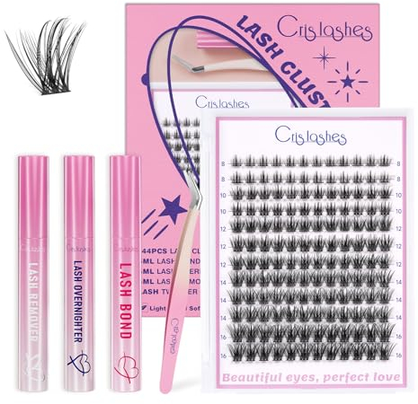 Crislashes DIY Lash Cluster Kit 144pcs Lash Clusters D Curl Individual Eyelashes Mix8-16mm Cluster Lashes Eyelashes Natural Look with Lash Glue and Lash Remover Applicator for DIY Lash Extesnion