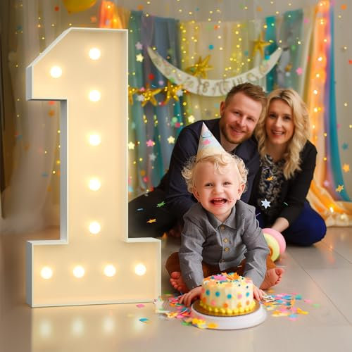 4FT Light Up Numbers Birthday Decorations for Girl Boy: Big Cardboard Number 1 for 1st 21st Wedding Anniversary Party Decor Baby Shower, Large Marquee Numbers Birthday Balloons Arch Kit Mosaic Pre-cut