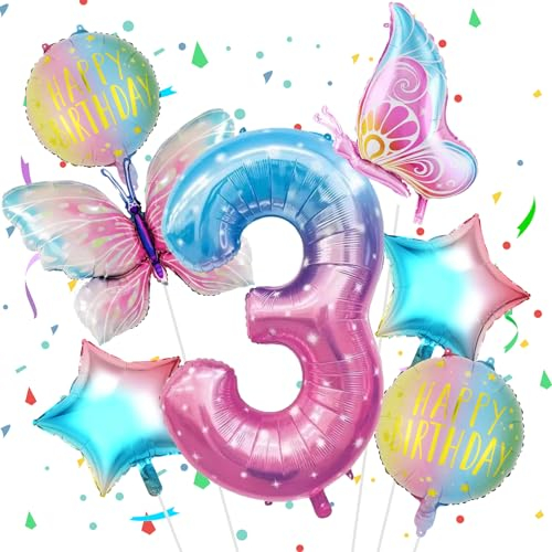 VUCDXOP Geburtstagsdeko Mädchen 3 Jahr, 3 Jahr Schmetterling Geburtstag Deko, Schmetterling Luftballon 3, Geburtstag deko 3 Jahre mädchen, Riesen Folienballon Zahl 3 für Geburtstag Party Dekoration