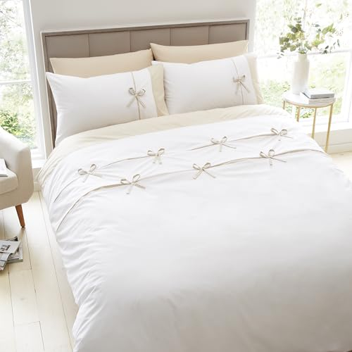 Catherine Lansfield Milo Bow Super King Duvet Cover Set with Pillowcases Natural