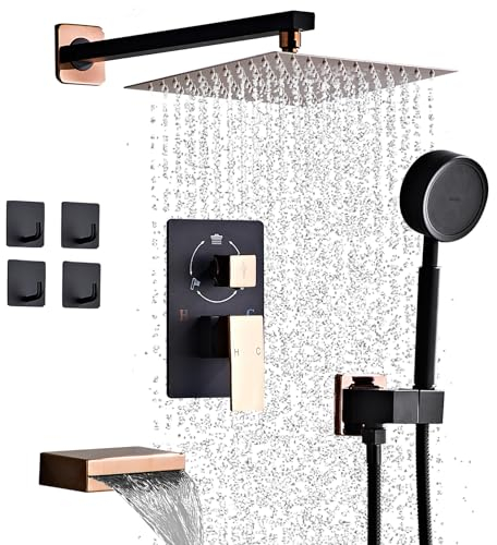 Duschsystem mit Wannenauslauf Regendusche Wasserhahn Set Dusche Komplett mit Hochdruck 12 Zoll Regenduschkopf und Handbrause Wandmontage Luxus Combo Set mit Ventil und Blende Schwarz Gold