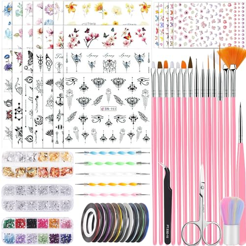89 Pièces Nail Art Pinceaux et Décorations Ensemble, 53 Feuilles de Stickers Ongles, 15 Pinceaux Pcs, 5 Pcs Dotted Pens, Strass, Feuille d'Or Pour l'Art Des Ongles, Paillettes Ongles
