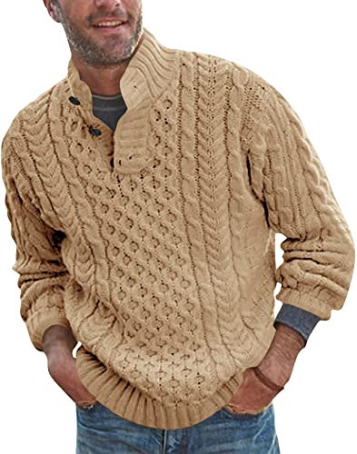 Runcati Mens Knit Jumper Pullover Chunky Button Neck Casual Knitted Cable Knitwear, Khaki, XL