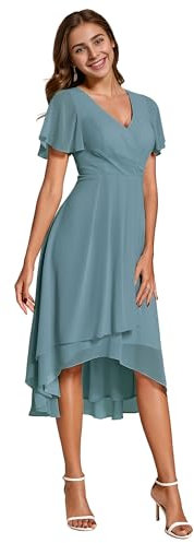 Ever-Pretty Abendkleid Damen A-Linie Chiffon Kurze Ärmel Partykleider V Ausschnitt Chiffon Hochzeit Knielang Staubiges Blau 48