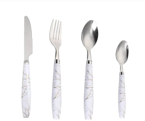 ABS Marble Handle Kitchen Stainless Steel Silverware Tableware Flatware Cutlery Set Steak Knife Fork Spoon Teaspoon (White,4 Pieces)
