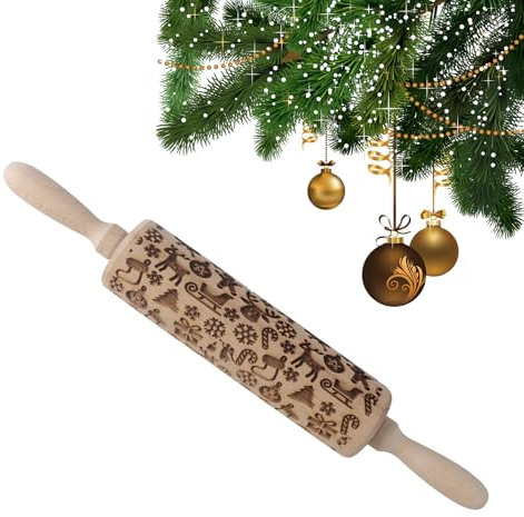 Gebiuhoo Teigroller Weihnachten Nudelholz mit Muster 30cm 3D Holz Nudelholz Teigroller Muster Geprägt Muster Weihnachten Hölzern DIY Weihnachten Präge Nudelholz für DIY Weihnachten Küche Plätzchen