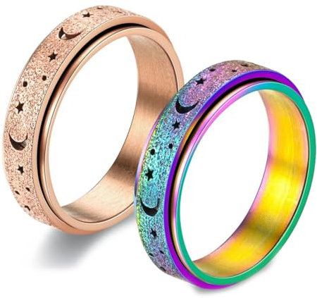 EUYRVAW 2 Stück Drehbare Hohl Sterne Mond Ringe Edelstahl Roller Ringe Stress Ringe Drehbarer Ringe Angst Ringe ringe für herren,health ring,galaxy ring(6MM Regenbogen,Silber)