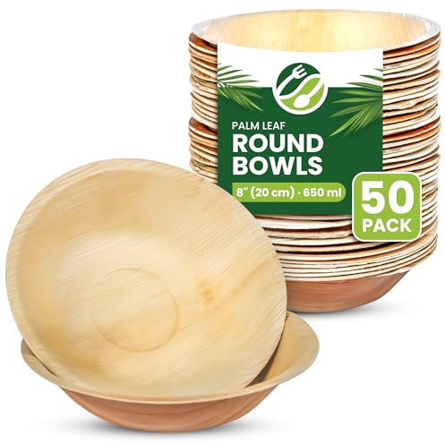 ECO Leaf 50 Disposable Palm Leaf Bowls | 8”(20cm) Round Compostable Dinner Bowls | Eco-Friendly, Biodegradable Heavy-Duty Bowl for Wedding, Party and Picnic | Microwave & Oven Safe, Pack of 50