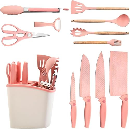 Küchenutensilien Set, 12-in-1 Kochutensilien Set mit Edelstahl Messer und Halter, Antihaft Silikon Kochlöffel Utensilien Sets mit Holzgriff, Bestes Küchenwerkzeug Gadgets (Rosa)