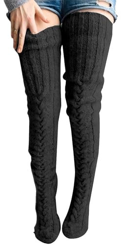 Womens Girls Warm High Thigh Socks Winter Knitted Over Knee High Leg Warmers Fashion Cable Knit Boot Socks for Women (A-Black, ONE SIZE)