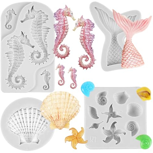 4 PCS Marine Theme Cake Fondant Silicone Mold Mermaid Tail Haima Seashell Conch Starfish Baking Molds for DIY Cake Decoration, Chocolate Fondant Candy Polymer Clay Crafting Projects…