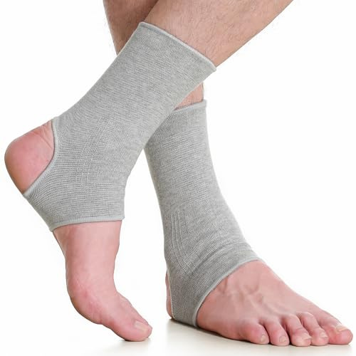 Neotech Care Ankle Support Sleeve - Open Heel, Light, Elastic & Breathable Knitted Fabric - Medium Compression - For Men, Women, Kids - Right or Left Foot (Grey Colour, Size S, 1 Pair)