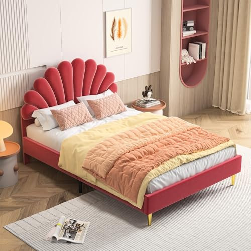 PerGar Rotes Polsterbett 140 x 200 cm, Verdicktes Samtbett mit verstellbarem Kopfteil, Lattenrost und Massivholzrahmen, EIN bequemes Doppelbett für EIN Jugend- oder Damenschlafzimmer