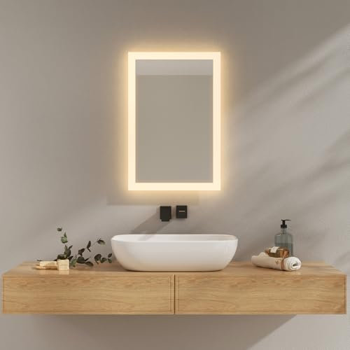 EMKE Miroir de Salle de Bain avec éclairage 40x60 cm, Miroir Salle de Bain 3000K Blanc Chaud, Interrupteur Mural, Installation Verticale/Horizontale, Miroir Anti-Explosion IP44, Économie d'énergie