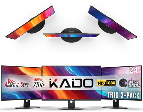 Kado Triple Monitor Setup 3 Pack 24 Inch 1920x1080 75Hz Integrated Hybrid Speakers VESA Mount HDMI Office Gaming Hybrid Integrated Speakers (E24 Trio)