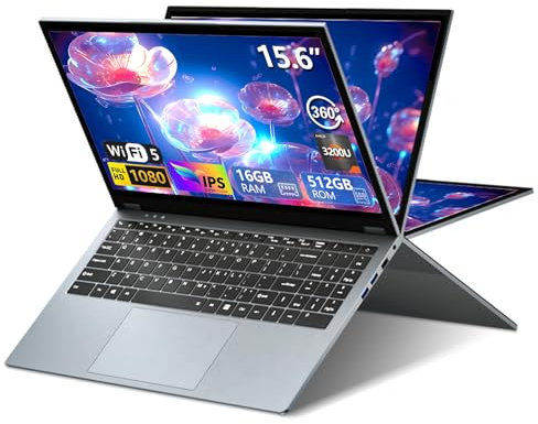 15,6 Pollici Notebook 2 in 1, Win11 PC Portatile 16GB RAM 512GB SSD, Laptop Ryzen 3 3200U CPU, 1080P Touchscreen Rotazione 360°, Notebook con Radeon Graphics GPU, RJ45+Type-C+Mini-HDMI
