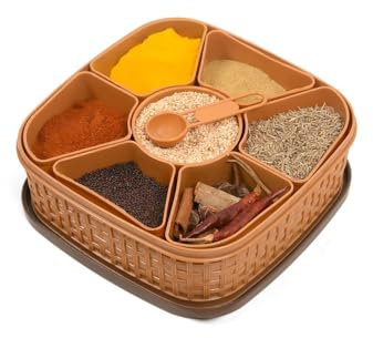 Seven Chakra Tree Plastic Square 7 Sections Multipurpose Kitchen Storage Masala Rangoli Dabba Box Set, Spice Box Set - Brown (Masala Box - 7 in 1)