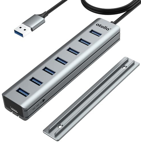 Atolla 7 Port USB 3.0 Hub mit Design Montierbar auf Schreibtisch aus Aluminium Mehrfachsteckdose USB 3.0 5 Gbps mit 100 cm Kabel, 5 V/3 A Typ C für PC, Laptop, MacBook, Maus, Tastatur, Festplatte usw.