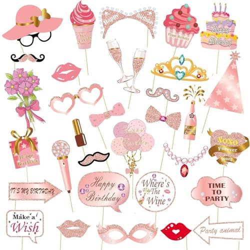 33 Stück Geburtstag Fotobox Requisiten Accessoires Glitzer 90er Party Foto Booth Props Fotorequisiten Deko für Geburtstag Disco Party Dekoration Zubehör Rosegold