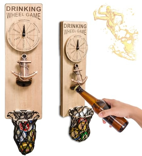 Wooden Beer Bottle Openers with Magnetic Catcher, Boat Anchor Bottle Opener Wall Mounted with Game Roulette, Home Bar Accessories for Kitchen, Garden, Outdoor, Ideal Beer Gifts for Men (Style 10)
