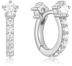 ANIA HAIE Damen Ohrring Creole Melodic Poet Sparkling Pavé Huggie Hoop, Sterling Silber, besetzt mit 18 Zirkonia, Durchmesser 7,5mm, inkl. Geschenkverpackung