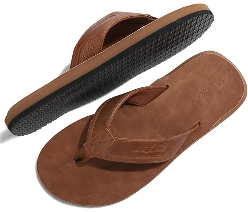 ARRIGO BELLO Flip Flops Mens Thong Sandals Leather Sliders Non-Slip Summer Slippers Durable Flip-flop UK Size 7-11(8 UK, E Brown, Size 8)