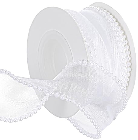 LXUEJIE 2 Rollen Perlenband Schleifenband Elegant Hochzeit Ribbon Satinband | Polyesterband 40mm x 4.5m Chiffonband Geschenkband für Hochzeit DIY Basteln Verpackung Deko Blumenstrauß(Weiß)