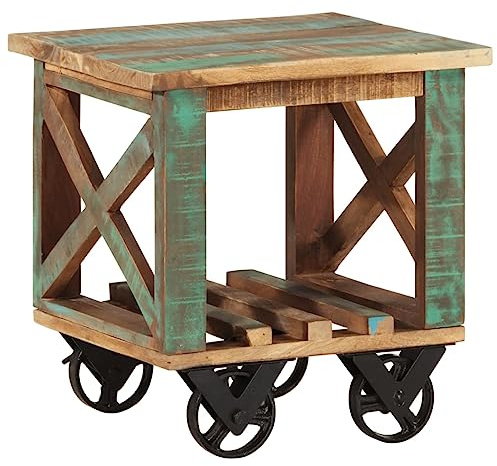HETFTJN Beistelltisch Altholz 40x40x42 cm mit Rollen, massiver Recycling-Holztisch im Landhaus-Stil, robuster Couchtisch für Wohnzimmer Balkon Terrasse