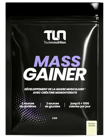 MASS GAINER | Gainer Prise de Masse Musculation | Créatine | +1200 kcal par jour | Protéines Whey & Caséine + Glucides Avoine & Maltodextrine + MCT | 20 Portions par Doypack de 2 kg | Vanille | TLN