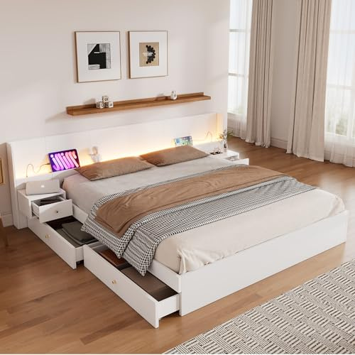 Oxtao Schlafzimmer Komplett Set 180x200cm, Doppelbett mit USB-Schnittstelle, LED-Beleuchtung und Steckdose, steuerbar per Mobile APP, 2 Nachttische, mit Schubladenablage, Weiß