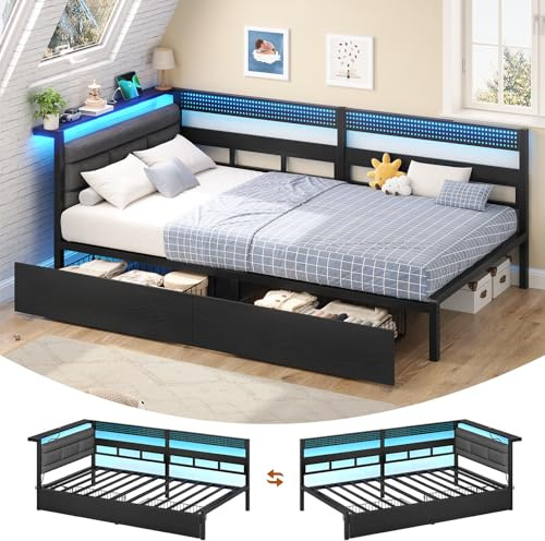 KIMENICH Polsterbett Schlafsofa 90x190 mit LED-Beleuchtung, Ladestation, Tagesbett, Jugendbett mit 2 Schubladen und Lattenrost aus Metall, Gepolstertes Kopfteil mit Offener Ablage, Schwarz