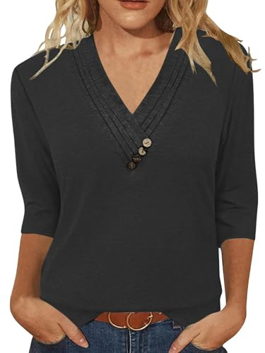 Famulily Womens 3/4 Sleeve Tops Pleated V Neck Summer Ladies Blouses with Buttons Detail