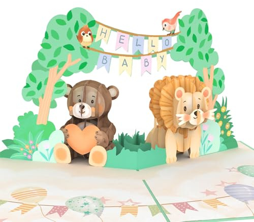 papercrush Pop-Up Karte zur Geburt „Hello Baby“, 3D Geburtskarte mit Tieren | Unisex Gratulationskarte für Glückwunsch zum Baby (Mädchen & Junge), Babykarte, Glückwunschkarte für Geldgeschenk zur Geburt