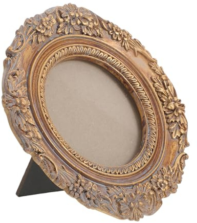 Amosfun Marco de Fotos Retro Redondo de Resina Dorada, Estilo Vintage Acabado Envejecido y Relieve Ornamentado para Pared o Mesa, Adecuado para Estantes y Repisas