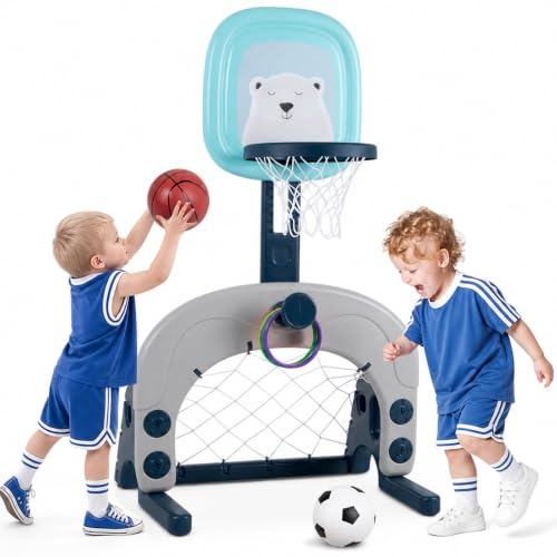 Hello-5ive 3-in-1 Kinder Basketball-Set, höhenverstellbar, Basketball/Fußball/Ringwurf, Indoor & Outdoor Spielzeug für Kinder ab 3 Jahren