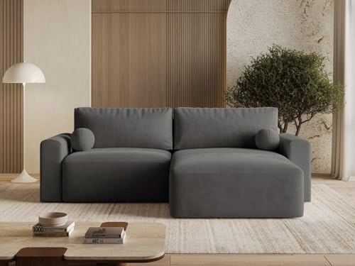 GRAINGOLD Aurora L Ecksofa modern mit Bettfunktion, 259x145 cm, L-Form Sofa, Schlafcouch für Wohnzimmer, Velvet-Stoff, 3-Sitzer Eckcouch, Ecksofa mit Bettkasten (Dunkelgrau)