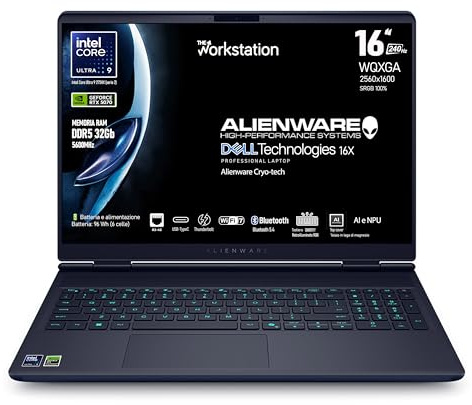 Dell Alienware 16x Aurora, Intel Core Ultra 9 275HX Series 2 Laptop 16 WQXGA 240Hz G-Sync Display, Nvidia Geforce RTX 5070, 32GB RAM DDR5, 1 TB SSD, Win 11 Home, Tastiera retroilluminata QWERTY
