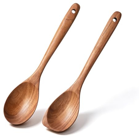 2Pcs Solid Wood Cooking Spoons, Natural Teak Wood Corner Spoon +Round Spoon | Non-scratch smooth surface, heat-resistant, long handle, food-safe, for soups, salads, stir-fry, home & kitchen