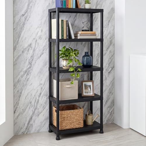 Panana 5-Tier Black Plastic Shelving Unit, 70.2 Tall Storage Rack with Thickened Panels and Reinforced Support Columns, 23.6 x 11.8''x70.2''