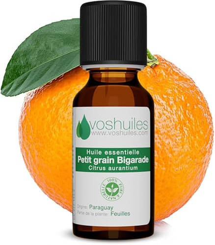 VOSHUILES - Huile Essentielle de Petit Grain Bigarade - Distillation de Feuilles de Bigaradier - Flacon Verre Ambré avec Bouchon Sécurité et Compte-Gouttes - 20ml