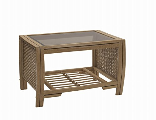 Desser Manila Coffee Table with Storage Shelf – Glass Top Table with Light Oak Wicker Rattan Cane Pole Frame – Luxury Indoor Conservatory or Living Room Furniture - H46cm x W73cm x D52cm
